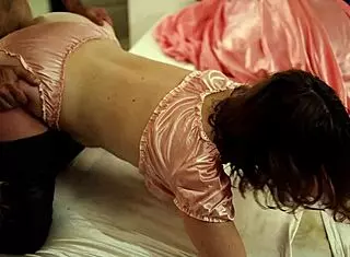 white amateur milf clothed in leather green pants satin lingerie outfit panty bra deepthroat doggystyle fuck rimming shaved pussy spanking high-heels stockings