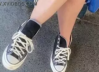 Bold latina teen 18+ flashes skirt in public outdoor with crossdressing pigtails and creampie socks