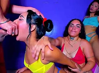 Latinas Swallow a Huge Big Cock with Super Blowjobs in Group