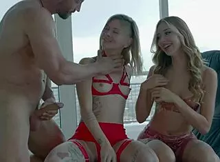 Threesome with two bisexual blondes leads to intense scissoring and creampie passion