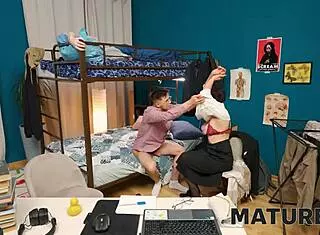 Mature4k teacher shows female anatomy to fuck boys in private Russian granny 3some with stockings and all holes.