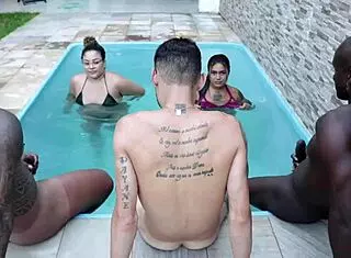 Perseu And Friends Pound Skinny Sensual Babe In Interracial Pool House Orgy With Monster Cock Action