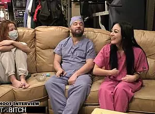 Blaire Celestes shaved pussy gets filled with cum in doggystyle behind the scenes.