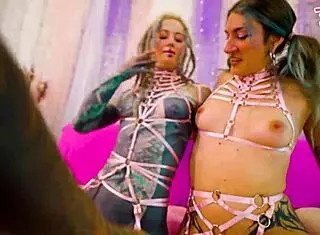 Three tattooed girls unleash orgy chaos with BBC and white cock pounding every hole!