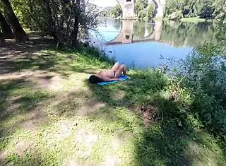 Stranger Surprised by Massaging Milf's Hairy Pussy on Public Beach with Big Natural Tits Flashing