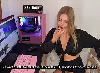 Blonde girl teases seductively on camera outdoors with panties showing.