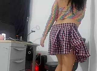 I love wearing my miniskirt and fishnet stockings while taking this huge horse dildo deep in my curvy ass