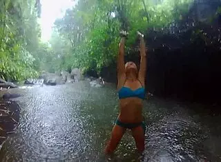 Exotic fuck in tropical rain brings orgasm in jungle with my muscular girlfriend showing skinny legs and small tits outdoors