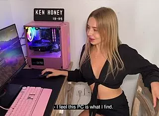 Blonde girl teases seductively on camera outdoors with panties showing.