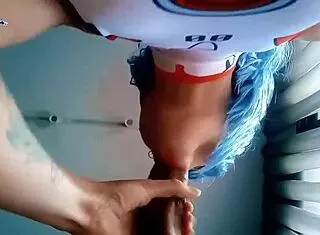 Rei Ayanami steps into cosplay for a blowjob scene ending in cum on her bodysuit.