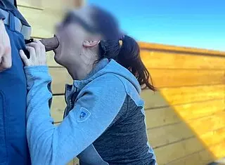 A little 18+ redhead slut flashes and gives fast handjob with blowjob on roof while boyfriend waits