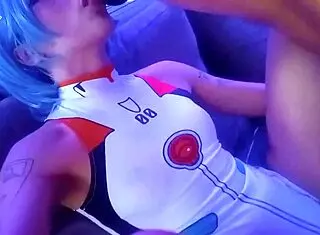 Rei Ayanami steps into cosplay for a blowjob scene ending in cum on her bodysuit.