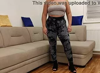 try on haul features curvy milf in tight leggings and pants showcasing big natural tits and huge ass solo