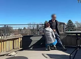 A little 18+ redhead slut flashes and gives fast handjob with blowjob on roof while boyfriend waits