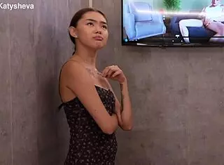 oh man, this cute skinny asian girl is exploring a big cock in a closed room with blowjob and wet pussy action next door