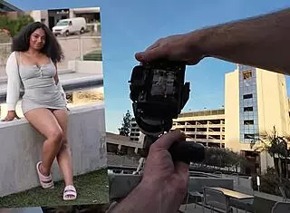 Young Black Babe with Big Tits Rides Street Photographer's Huge Monster Cock in Rough Titty Fuck and Facial Cumshot