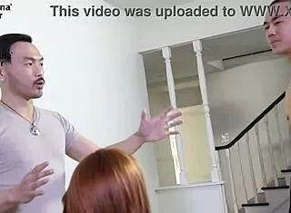 Asian masseurs contrast hot ginger's double penetration with banana fever touch