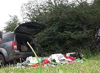 Blondes flash no panties under short dresses miniskirts during outdoor lingerie try-on voyeur fun