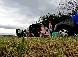 Blondes flash no panties under short dresses miniskirts during outdoor lingerie try-on voyeur fun