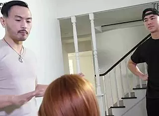 Asian masseurs contrast hot ginger's double penetration with banana fever touch