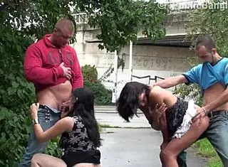 Public street orgy bangs pregnant woman and petite cutie
