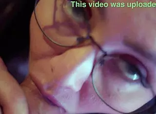 This naughty brunette gives her lover a sloppy deepthroat blowjob to cumshot