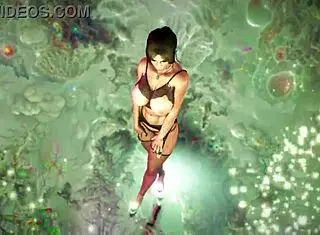 Busty oiled LARA CROFT in black lingerie dances and FUCKS beyond tombs