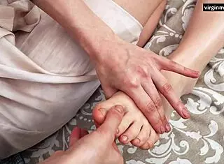 Oiled Masseuse Fingers 18yo Brunette's Virgin Pussy Lips And Tight Feet