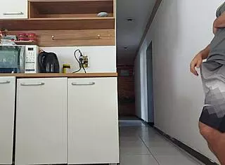 Risky kitchen fuck with hubby's friend while he showers bareback