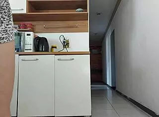 Risky kitchen fuck with hubby's friend while he showers bareback