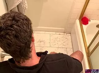 Stepmom erin electra jerks stepson off in bathroom till he cums.