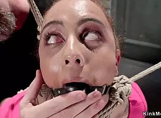 hogtied slave gags on dildo in backbend bondage choke