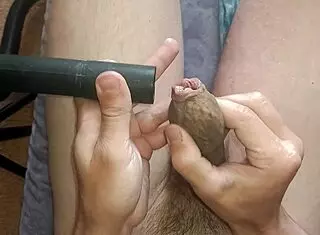 Vacuum cleaner shakes big foreskin powerfully making me cum twice