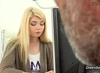 horny old man bends blonde teen over desk for intense doggy pounding