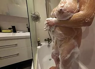 soapy stepsister's hairless shaved pussy natural tits wet close up slow motion sucking