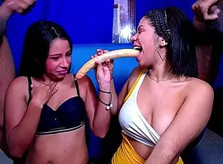 two colombian street sluts with small tits deepthroat our monster cocks in rough homemade blowbang