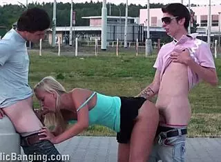 Blonde Cutie Takes Extreme Public Gangbang Threesome Orgy Hard!