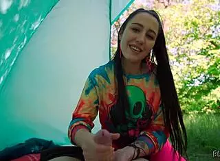 slutty hippie girl next door jerks huge cock in forest tent pov