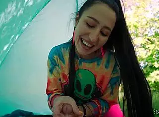 slutty hippie girl next door jerks huge cock in forest tent pov