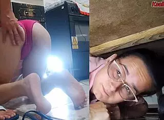 stepson spots helpless stepmom stuck under sink and pounds her wet pussy