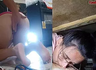 stepson spots helpless stepmom stuck under sink and pounds her wet pussy