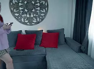 caught my stepmom fingering her wet milf pussy on the sofa so i bent her over doggystyle