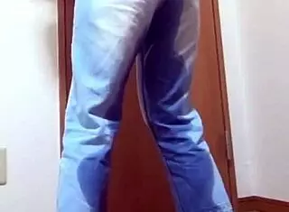 a girl wets her jeans peeing while bro hogs the bathroom