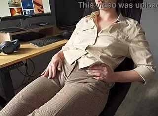 naughty milf secretary's fat cameltoe pussy lips tease through tight trousers closeup