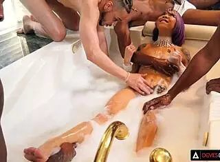 i can't believe how this petite asian kimberly chi gobbles four black monster cocks stuffing all her holes