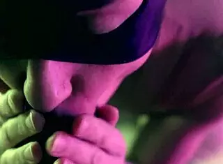 Pretty masked girl gags on huge cock with her feet too!