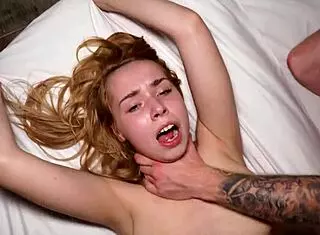 virgin blonde in white lingerie rides huge cock hard missionary then doggystyle on bed