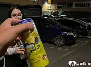 nerdy babe drops to knees for big cock parking lot suck