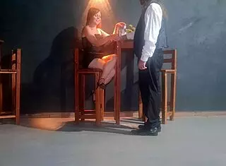 Whoa, redhead slut hikes skirt for bareback pounding with restaurant waiter!