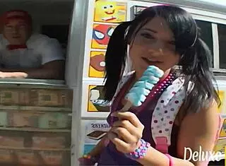 Shaved pussy brunette craves ice cream and cock in every position from cowgirl to doggystyle